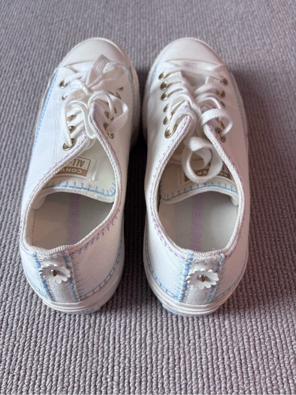 Converse White Low-Top Canvas Platform with Gold Eyelets and pastel stitching